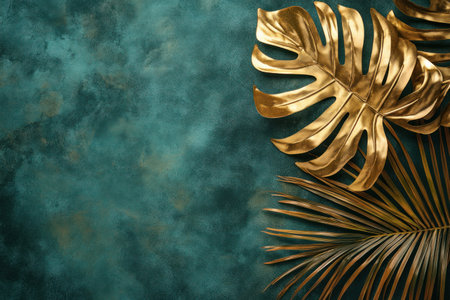 Golden palm leaf and monstera on a green velvet background, a flat lay banner with copy space for a design template stock photo contest winner, high resolution. --ar 3:2 --v 6.1 Job ID: 0bb702a9-7b58-464d-b425-274569ac6a3fの素材
