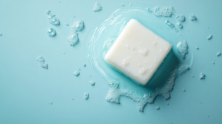 A white square soap floating on water, light blue background, top view, product photography, high resolution, high details, soft shadow effect, soft focus, natural lighting, professional color grading, clean sharp focus --chaos 30 --ar 16:9 --v 6.1 Job ID: 357a44dd-0473-4445-ac6f-f1517110c2e9の素材
