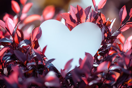 A white heart-shaped card in the center of an out-of-focus pink bush with purple leaves. The background is blurred, creating space for text or images. This romantic and colorful design perfectly sets a warm atmosphere for Valentine's Day. White blank paper cards. --ar 3:2 --v 6.1 Job ID: 6af247e0-61b5-4110-978c-06071ad7ccf6の素材