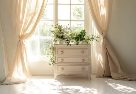 A large window in the background, with delicate curtains hanging on it, allows sunlight to shine through onto an elegant white chest of drawers. The top of the chest is adorned with flowers and greenery, and a beige fabric is draped over one side of the furniture, creating soft shadows on the white wood floor. --ar 43:30 --v 6.1 Job ID: 15cb5190-93aa-443b-a2cc-d3b67f88a198の素材