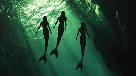 An overhead view of an emerald green sea, with the faint outline and shape of mermaids visible on its surface. The underwater scene is illuminated by moonlight, casting gentle shadows across the water's shimmering texture. --chaos 30 --ar 16:9 --v 6.1 Job ID: d690a125-51b9-4d5a-8252-94ac12f82d69の素材