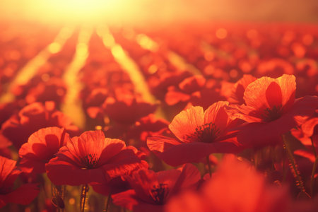 Close-up of red poppies in the foreground, with sunlight filtering through them, creating soft shadows and highlights on their petals. In the background is an open field covered by dense rows of vibrant orange flowers that fill up most of the frame. The scene exudes warmth and vitality as if it were springtime, with warm tones and a sense of tranquility. --ar 3:2 --v 6.1 Job ID: 5999232c-dbfb-4c1a-8ec4-d5fa5ee17683の素材