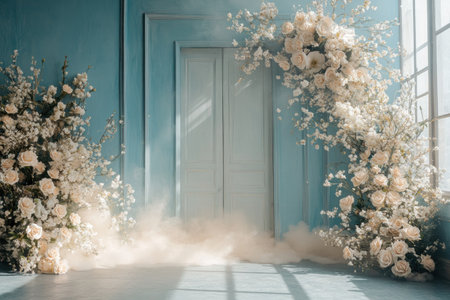 A photo backdrop for photography: a beautiful floral arch with white and beige flowers on the right side of an empty room with blue walls, smoke coming from under the door, a delicate floral arrangement, an ethereal mist, soft lighting, a romantic style, a large space in front of the wall, professional studio lighting, high-resolution photography, realistic, and elegant. --ar 3:2 --v 6.1 Job ID: e2bb3135-178c-4449-9042-59a85c6724d0の素材