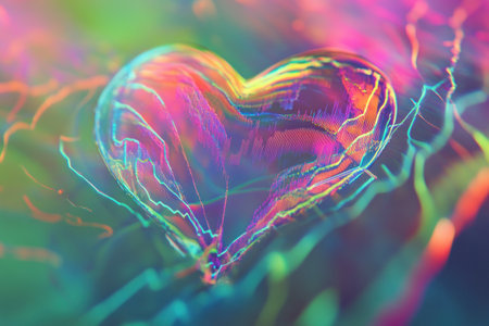 A heart-shaped hologram with neon colors and dynamic lines, creating an otherworldly effect. The background is a gradient of greens, blues, and purples, with soft lighting that highlights the vibrant colors within the heart shape. This design would be perfect for Valentine's Day cards or romantic-themed designs. --ar 3:2 --v 6.1 Job ID: c1eaf95e-f9a4-4e4f-929c-515a739a8d53の素材