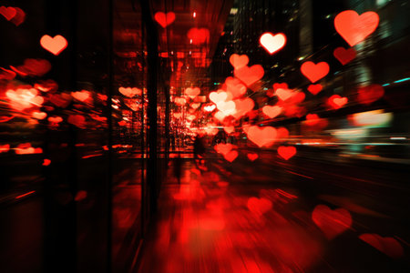 Blurred red lights with heart-shaped patterns on a black background. --ar 3:2 --v 6.1 Job ID: b3ce3806-5eda-4645-8195-61dcd8472577の素材