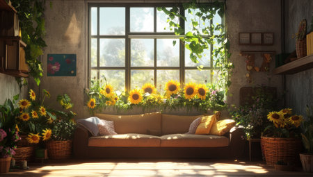 A large window in the center of an empty room, with sunflowers and plants growing outside. A comfortable sofa is placed in front of it, surrounded by various soft cushions. The sunlight shines through the windows onto the sofa, creating a warm atmosphere inside. On both sides of the wall, there are wooden baskets filled with flowers and greenery, adding to its natural feel. This scene creates a serene environment that brings warmth and tranquility. --ar 53:30 --v 6.1 Job ID: aed0e5c6-5208-49fa-bbd2-09145262d62aの素材