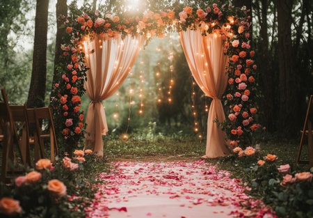 A romantic wedding ceremony decor with pink and orange roses, fairy lights, drapery, floral arrangements, petals on the floor, and a garden backdrop. --ar 43:30 --v 6.1 Job ID: 2e95e3a8-af97-4e64-b64b-8acfbfb580afの素材