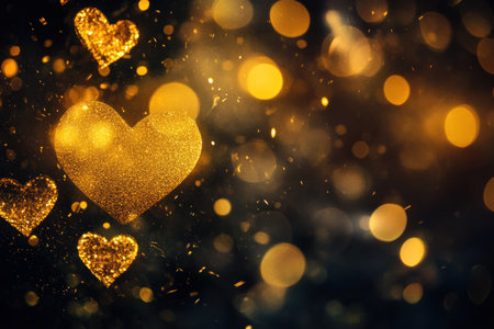 A yellow heart-shaped bokeh effect on a black background, creating an enchanting and romantic atmosphere for Valentine's Day. The blurred lights create a dreamy and magical feel that adds to the overall charm of love in golden tones. This image is perfect as an elegant card or banner design with copy space. --ar 3:2 --v 6.1 Job ID: 15404514-5d3e-4c2b-b84b-9d60fe057af9の素材