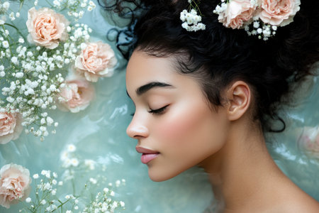 Beautiful pastel-colored roses and daisies in the foreground, with an ethereal blue background. The flowers should be in full bloom, creating a soft-focus effect that adds depth to the scene. Use warm tones for the petals of pink roses and white baby's breath wildflowers, creating a dreamy atmosphere. This design is perfect as wallpaper or a mural on walls, featuring a floral theme. --ar 3:2 --v 6.1 Job ID: f15da515-9c2b-45fa-8c28-73d7a1323484の素材