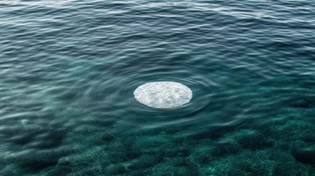 Close-up of a white circle on a blue water surface with ripples in the sunlight. This water concept could be used for a beauty cosmetic product presentation or mockup background design, captured in high-resolution photography. --chaos 30 --ar 16:9 --v 6.1 Job ID: 7209ad47-4018-480e-9076-fbbe06421c26の素材