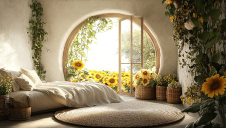 A sunflower garden-themed room with an oversized window, a sofa, and a small table in the center of the scene. The floor is covered by a round carpet, and there's a comfortable bed underneath. On one side, two woven baskets filled with flowers and plants add to the natural atmosphere. Sunlight streams through the open door onto a white wall adorned with vines. In front of you lies a beige rug. A large white blanket sits on top of the soft cushions. --ar 53:30 --v 6.1 Job ID: fba929ed-220a-463b-b012-773c1f2be5beの素材