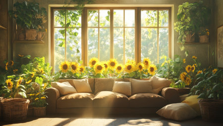 A large window in the center of an empty room, with sunflowers and plants growing outside. A comfortable sofa is placed in front of it, surrounded by various soft cushions. The sunlight shines through the windows onto the sofa, creating a warm atmosphere inside. On both sides of the wall, there are wooden baskets filled with flowers and greenery, adding to its natural feel. This scene creates a serene environment that brings warmth and tranquility. --ar 53:30 --v 6.1 Job ID: aed0e5c6-5208-49fa-bbd2-09145262d62aの素材