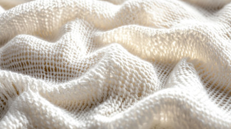 A close-up of the texture and weave in light beige knit fabric, showcasing its softness against an off-white background. The focus is on capturing intricate details such as tiny stitches and threads that give its natural knitted look. This shot should highlight how the fabric glows with a subtle sheen under warm lighting, creating a cozy yet elegant feel. --chaos 30 --ar 16:9 --v 6.1 Job ID: 2494c662-a4b7-477a-8e37-c95aebf302c5の素材