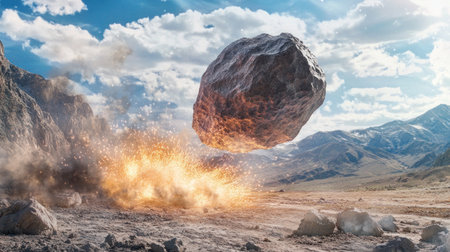 An asteroid crashing into the ground, sparks flying around it. The rock is made of clay and has a rough texture. In the style of a cinematic style. --chaos 30 --ar 16:9 --v 6.1 Job ID: cd4ff61f-c196-4225-8e6e-fd512ea00930の素材