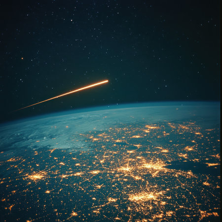 A photograph depicting a meteorite streaking across the night sky over the Earth. The ground below is illuminated by lights. --v 6.1 Job ID: d8d30402-6906-4763-903f-2cffc9a7835cの素材