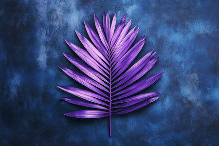 A purple palm leaf on a dark blue background, digital art style, high resolution, textured, and symmetrical. --ar 3:2 --v 6.1 Job ID: 089ad3fd-6b19-4dae-8c61-a9ae08863a08の素材