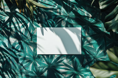 Flat lay of a blank white card on top, with a shadow overlay featuring a green and teal geometric pattern background, in a minimalist aesthetic, showcasing shadowplay. --ar 3:2 --v 6.1 Job ID: 428fdde4-5b64-48e0-b82f-35c8dee3f6e7の素材