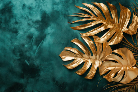 Gold monstera leaf and palm tree on a green velvet background, flat lay top view. Golden tropical leaves and a palm branch on a dark emerald tablecloth. Flat lay banner with copy space for a wedding invitation card design, party flyer, or social media post template. Photo taken in the style of Canon R6 Mark II, 8K. --ar 3:2 --v 6.1 Job ID: 002b2537-298f-4cee-914b-3e7e15ed4fceの素材