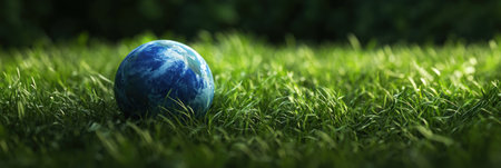 Earth Day concept with a blue Earth on a green nature background, a macro shot of the planet in a grass field. A green environment for eco and global warming design template. --ar 89:30 --v 6.1 Job ID: 9e0095b2-4709-42b0-a5ab-13de851eb4c9の素材