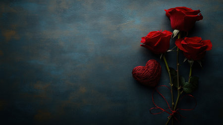 Dark gray background with red roses and heart-shaped string on it, a Valentine's Day concept. --chaos 30 --ar 16:9 --v 6.1 Job ID: de2b7c39-6f8d-419a-b7c3-f342ef6b04afの素材