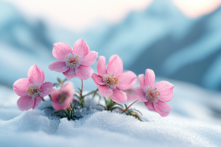 Pink flowers in the snow, a fantastical scene with a pink and blue background, beautiful and dreamlike, with delicate and soft colors, a shallow depth of field effect, a blurred foreground, a close-up view of blooming flowers, a delicate texture, soft light, and a romantic atmosphere. --ar 3:2 --v 6.1 Job ID: d061c44b-2297-4654-a94a-165871711621の素材