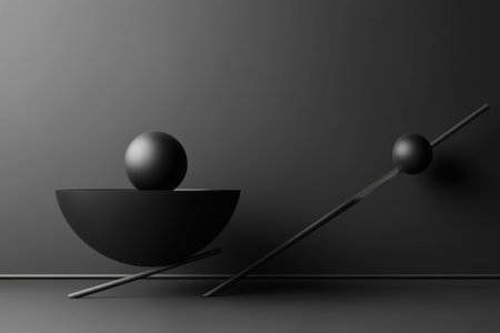 Black geometric shapes, black and gray background, simple composition, 3D rendering, C4D, minimalist style, sense of technology, studio lighting, studio shooting scene, 50mm focal length. A round bowl on the left is connected to three long legs in different directions, with one ball at each end of them. The overall composition is symmetrical with balanced proportions. The color tone should be dark gray, with subtle gradient shadows and highlights. High resolution, high quality, high detail. --ar 3:2 --v 6.1 Job ID: c3bb58eb-2523-46fc-aab4-b1c3e1ce0f02の素材