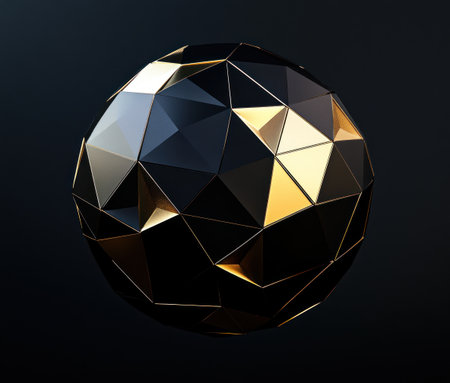 Low-poly black and gold geometric sphere with sharp edges, 3D render, dark background, created in Cinema 4D, in the style of Blender, high resolution. --ar 7:6 --v 6.1 Job ID: b5719965-ffbc-42e7-a81f-af57fdf99331の素材