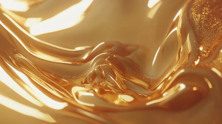 Abstract background with golden glitter and shiny texture. Gold abstract pattern. Abstract gold swirls, glowing lights, shining lines on the surface of liquid metal. Shiny golden background for design in a bright yellow color. Close-up shot, 4K resolution, ultra-realism, high detail, in the style of Kodak Ektar, stock photography. --chaos 30 --ar 16:9 --v 6.1 Job ID: f9943cb9-9cb0-4a5d-bd13-6cdb3ed49077の素材