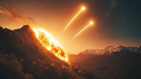 A night sky with meteors streaking across the stars, illuminating mountains and forests below. The focus is on two shooting stars of light from nearby comets in space, in the style of a cinematic style. --chaos 30 --ar 16:9 --v 6.1 Job ID: 240ead2e-578a-4250-8e1d-e72aba499671の素材