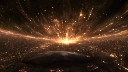 A massive asteroid falling from the sky towards Earth, seen from space. The Earth is visible in its full glory, with lights glowing on cities and stars twinkling across its surface. A huge fiery trail can be seen behind the meteor, as if an explosion had taken place at the impact point. --chaos 30 --ar 16:9 --v 6.1 Job ID: a28f07b2-acc0-445e-aa25-bcf43500fc80の素材