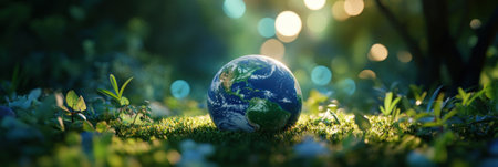 A globe-shaped planet Earth is placed in the center of green grass, surrounded by lush plants and bathed in sunlight. The background features soft bokeh lights with shades of blue-green. This photo captures an eco-friendly theme, emphasizing environmental protection through the use of natural elements. --ar 89:30 --v 6.1 Job ID: a116c0bb-2b2e-4b5c-b606-49d344ae4523の素材