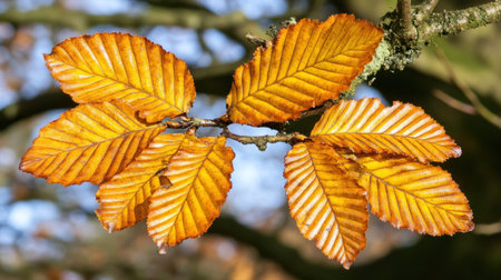 A close-up of brown leaves on tree branches, with a bokeh effect, soft focus, warm tones, and interplay of light and shadow, creating an autumnal mood. The blurred background and golden hour lighting were captured using a Canon EOS R5 camera with a macro lens at f/2.8. --chaos 30 --ar 16:9 --v 6.1 Job ID: 83c17e9d-942d-4a4b-a425-a8fca8d63218の素材