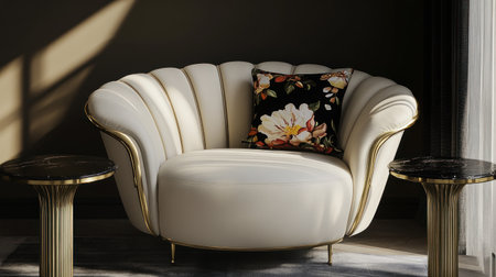 Photorealistic image of an elegant white leather sofa with two gold side tables and one black floral pillow on the right, against a dark grey wall background. The room has natural lighting, creating soft shadows that accentuate its curves. High-resolution photography, detailed, with camera bloom. --chaos 30 --ar 16:9 --v 6.1 Job ID: 78847014-d32d-49ea-825a-9033d450219fの素材