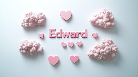 Happy Valentine's Day banner with pink heart shapes, clouds, and a neon "Edward" sign on a light background. Vector illustration of a love concept for a web poster or greeting card design. Flat vector illustrations. Happy Valentine's Day celebration template with copy space, in a paper cut style. All focus, brightness, daylight, bright room lighting, volumetric lighting, photography, f/24, bokeh, ultra-realistic. --chaos 30 --ar 16:9 --v 6.1 Job ID: 0dacfa28-2e01-4c39-a35e-97d3fe5a5648の素材