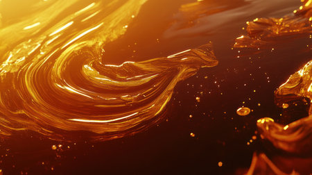 Abstract background with golden glitter and shiny texture. Gold abstract pattern. Abstract gold swirls, glowing lights, shining lines on the surface of liquid metal. Shiny golden background for design in a bright yellow color. Close-up shot, 4K resolution, ultra-realism, high detail, in the style of Kodak Ektar, stock photography. --chaos 30 --ar 16:9 --v 6.1 Job ID: f9943cb9-9cb0-4a5d-bd13-6cdb3ed49077の素材