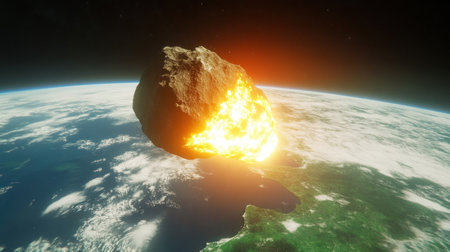 A massive asteroid is approaching Earth, creating an ominous silhouette against the backdrop of space and Earth's horizon. The meteor glows with fiery energy as it spots its impact point on the planet Earth. --chaos 30 --ar 16:9 --v 6.1 Job ID: 2fb302cb-0ca8-4cb6-80f2-71e1c9bbf8a2の素材