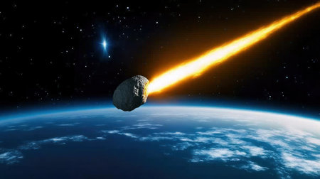 A massive asteroid streaking through space, with the Earth in its path. The comet is glowing as it bursts into colorful flames and casts long shadows on the surrounding stars. In an epic scene, space is dark blue with twinkling stars, creating dramatic contrast against the fiery tail of the meteorite. --chaos 30 --ar 16:9 --v 6.1 Job ID: 0b4bcd60-541a-4396-9b08-ba5761f4ceb5の素材