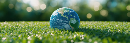 A globe-shaped planet Earth is placed in the center of green grass, surrounded by lush plants and bathed in sunlight. The background features soft bokeh lights with shades of blue-green. This photo captures an eco-friendly theme, emphasizing environmental protection through the use of natural elements. --ar 89:30 --v 6.1 Job ID: a116c0bb-2b2e-4b5c-b606-49d344ae4523の素材