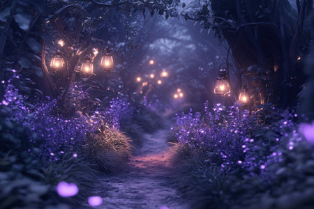 Magical forest path, with fantasy purple glowing flowers and lanterns, in a dreamy evening atmosphere, in the style of Pixar animation. Cinematic lighting, high-resolution photography, with high-quality details and high sharpness and contrast. --ar 3:2 --v 6.1 Job ID: a3698b45-295b-4329-ad8f-d483f9d06a46の素材