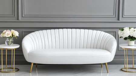 Photorealistic, simple yet elegant white leather sofa with brass legs in the center of the room, grey walls, coffee tables on each side of the couch, a simple flower vase on one end table, a minimalist interior design style, a wide-angle shot, high-resolution photography, insanely detailed, fine details, an isolated plain background, stock photo realism, sharp focus, 20 megapixels, in the style of a professional photographer. --chaos 30 --ar 16:9 --v 6.1 Job ID: 2fa0c8c4-518c-491b-b4d6-38f43f1e5167の素材