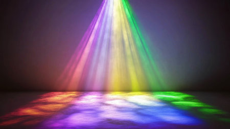 A white light is reflected on the wall, and there's an irregular, rainbow-colored beam of light shining down from above. The background color should be a pure gray, creating a minimalist style. This scene was captured using a Canon camera. --chaos 30 --ar 16:9 --v 6.1 Job ID: 1d5dcc97-e0a4-40b8-85ad-a988464942edの素材