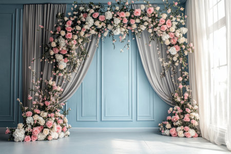 A large blue wall with light gray curtains decorated with pink and white roses, an arch made of flowers in the center of the image, a light brown wood frame, a large window on one side, a vintage style, a romantic atmosphere, luxurious decor, a photo backdrop for a photography studio, high-resolution photography. --ar 3:2 --v 6.1 Job ID: 9ea361b1-cff6-4afa-bdd5-c766c2755bedの素材