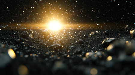 A bunch of small rocks floating in space, many large and medium size asteroid belt. The background is black with the sun shining on it. There should be no planets or moons around. Rendered in high resolution using Unreal Engine 5. --chaos 30 --ar 16:9 --v 6.1 Job ID: 4882b839-1a28-44fe-bb70-2a700219eefaの素材