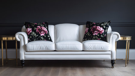 Photorealistic image of an elegant white leather sofa with two gold side tables and one black floral pillow on the right, against a dark grey wall background. The room has natural lighting, creating soft shadows that accentuate its curves. High-resolution photography, detailed, with camera bloom. --chaos 30 --ar 16:9 --v 6.1 Job ID: 78847014-d32d-49ea-825a-9033d450219fの素材