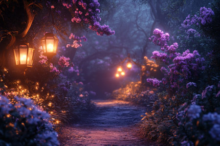 Magical forest path, with fantasy purple glowing flowers and lanterns, in a dreamy evening atmosphere, in the style of Pixar animation. Cinematic lighting, high-resolution photography, with high-quality details and high sharpness and contrast. --ar 3:2 --v 6.1 Job ID: a3698b45-295b-4329-ad8f-d483f9d06a46の素材