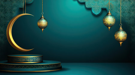 Vector banner design with a podium for product display, Ramadan Islamic celebration background in turquoise and gold colors with a crescent moon, lanterns hanging on the wall, geometric pattern decorations, empty space at the center of the page, flat lay. --chaos 30 --ar 16:9 --v 6.1 Job ID: c7afdeee-bfbd-4bf5-a480-72f824f6a932の素材