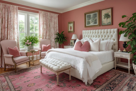 Photo of a bedroom with walls painted in the rich, warm color of dusty rose, complemented by white furniture and soft pink accents. The room includes an elegant bed, small side tables, comfortable chairs, and indoor plants for a touch of greenery. --ar 3:2 --v 6.1 Job ID: b0d74779-4b69-445d-b3c7-e7355cceb6e0の素材
