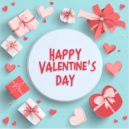 Happy Valentine's Day background with heart-shaped gifts and paper-cut hearts vector illustration, pastel color scheme. The text "HAPPY VALENTINE'S DAY" is written in the center of an empty white circle on a light blue background. There are also small red gift boxes around. A pink ribbon tied to one corner forms a bow at the top right. It creates a festive atmosphere for a Valentine's Day celebration. Vector illustration. --v 6.1 Job ID: fc4c34f7-dc82-4330-a47a-b3de5a8a2832の素材