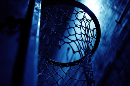 Low-angle photograph of a basketball going through the net, cinematic in style, with moody lighting and a dark blue and white color scheme. The basketball court is visible in the background. --ar 3:2 --v 6.1 Job ID: 2f589e7f-92df-4fff-be35-565dce504debの素材