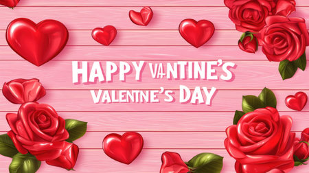 Happy Valentine's Day background with red hearts and roses on a pink wooden texture pattern. Vector illustration with white banner text "HAPPY VALENTINE'S DAY" template design for web, poster, card, postcard, or print advertising. --chaos 30 --ar 16:9 --v 6.1 Job ID: 28181319-f34c-4ee1-9c04-30231339d309の素材